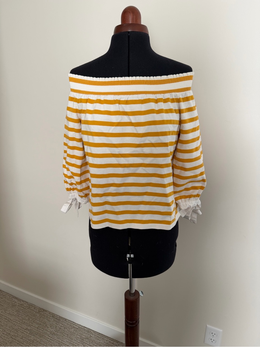 J. Crew Mustard and White Off-Shoulder Stripe Top